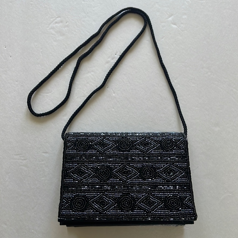 Beaded black evening bag purse 6” x 4.5” x 2.5”